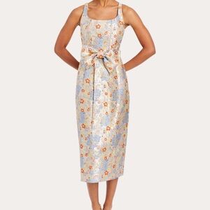 Mestiza Audrey Bow-Embellished Metallic Jacquard Midi Dress size 8